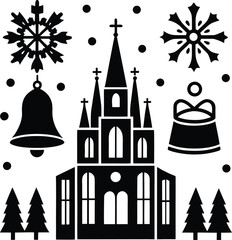 Christmas bell tower vector art illustration, with a church silhouette and European city architecture design