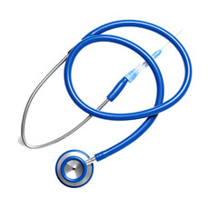Blue stethoscope on black background, metal chestpiece and earpieces, centered, and angled