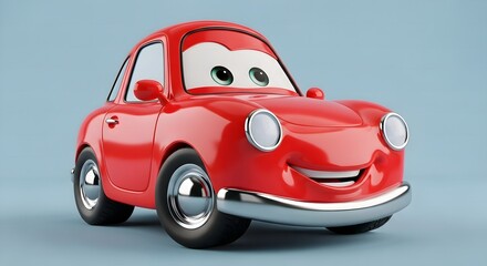 A cheerful, bright red animated cartoon car with big eyes and a friendly smile. The shiny, glossy vehicle has a classic, compact design on a soft blue background
