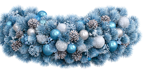 Elegant Blue Christmas Garland with Silver Ornaments and Pine Cones on Black Background for Festive Holiday Season
