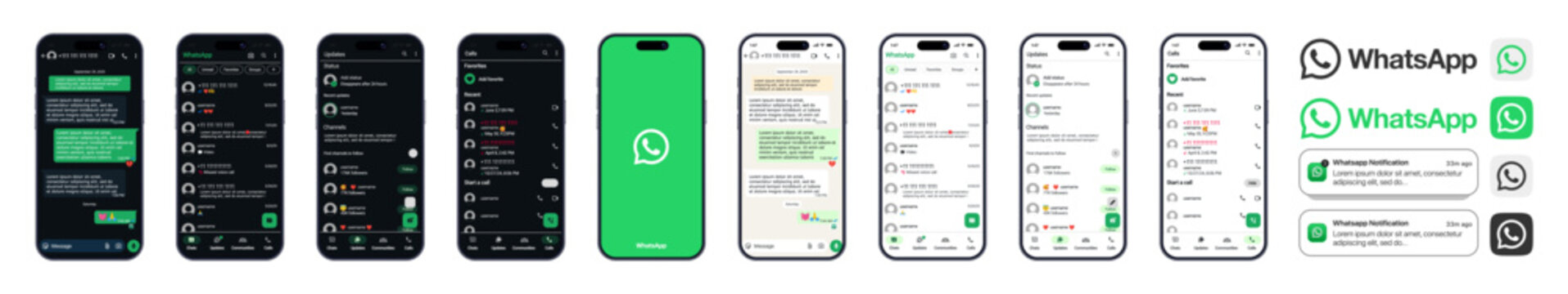 WhatsApp dark and light mode UI screens. Chat. Calls. Updates. Notification design for mobile app interface.