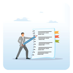 Article concept. Businessman Write note or message on notebook paper.