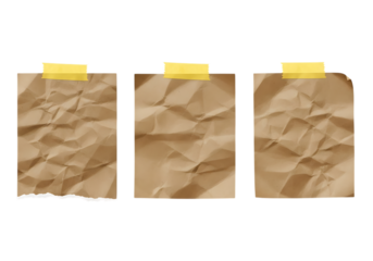 Ultra highresolution, professional studio photography of illustration of three crumpled brown paper notes taped with yellow tape isolated on transparent background
