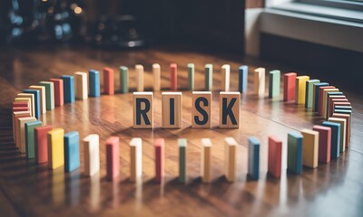 Wooden letter blocks spelling RISK surrounded by a circle of colorful dominoes, ideal for illustrating business strategy, decision making and risk management concepts