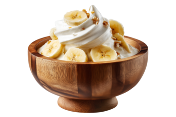 Banana pudding dessert with whipped cream in wooden bowl, isolated on white transparent background, concept of Papua New Guinea sweet treat