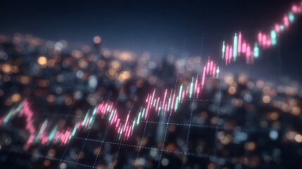 Financial growth and urban development represented by a glowing chart against a bokeh city