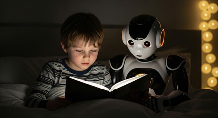 Boy and robot read book together in cozy, dimly lit room