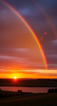 A vibrant double rainbow arches over a breathtaking sunset landscape, casting a warm glow on the tranquil lake and rolling hills