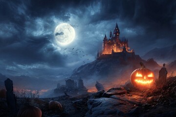Nightfall magic: an enchanted halloween graveyard. Commercial image. Nocturnal revelry: haunted vibes in a shimmering graveyard. Premium quality. Hero shot.