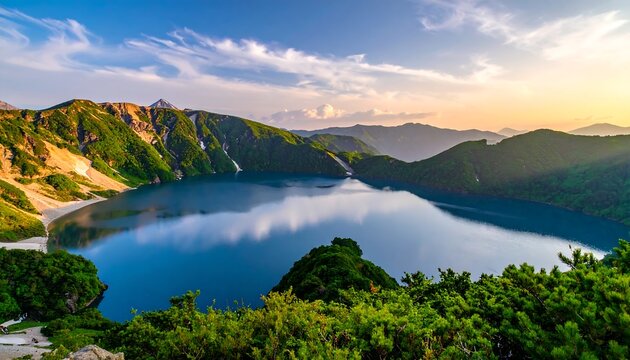 Panoramic mountain lake vista at sunset - Powered by Adobe