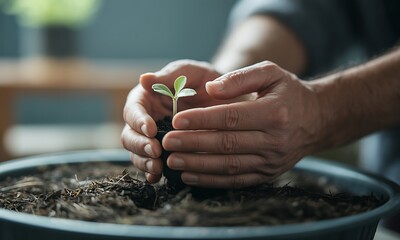 Close-up of hands nurturing a young green seedling in soil, ideal for concepts of growth, sustainability, environmental care, and agricultural development