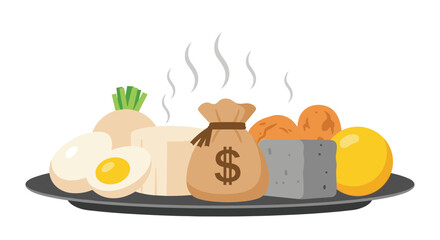 Fototapeta premium A steaming platter of food with a money bag at its center.