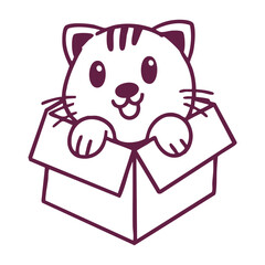 Cartoon cat in a box with a cute expression, drawn in a simple, clean style with purple outlines.