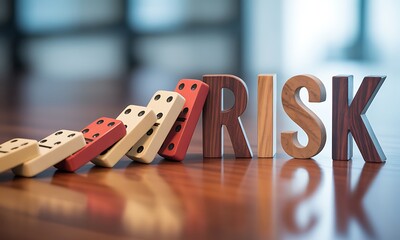 Falling dominoes knocking wooden letters spelling RISK, symbolizing business challenges and uncertainty, ideal for illustrating strategy, danger, and decision-making concepts