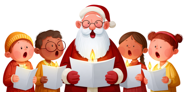 Santa Claus with diverse children singing Christmas carols by candlelight, spreading holiday cheer and joy Concept of festive season, togetherness, and multicultural celebration