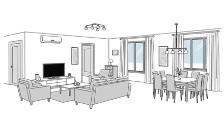 Fototapeta premium Cozy living room and dining area with abundant natural light and comfortable furnishings.