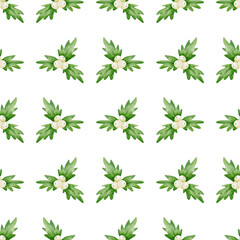Seamless pattern with watercolor green leaves and white berries of mistletoe on transparent background. Perfect for Christmas, winter decor, textile, fabric, wrapping paper design, festive decorations