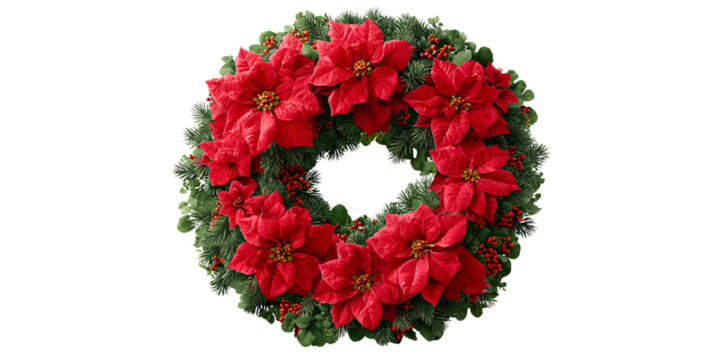 Festive Christmas wreath with red poinsettias and berries on a black background Holiday decoration concept for winter season and Christmas celebration
