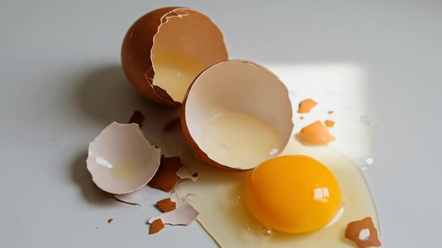 Egg yolk and shell pieces against a bright background