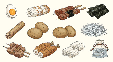 A diverse collection of visually appealing Japanese street food ingredients presented on a pale background.