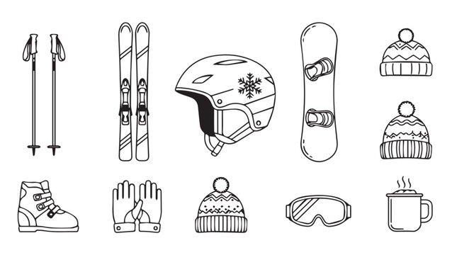 Winter snow sports gear hand drawn sketch elements for outdoor activities and recreation vector - Powered by Adobe