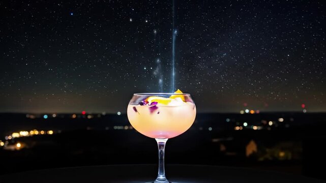 Elegant cocktail with decorative elements against a starry night backdrop