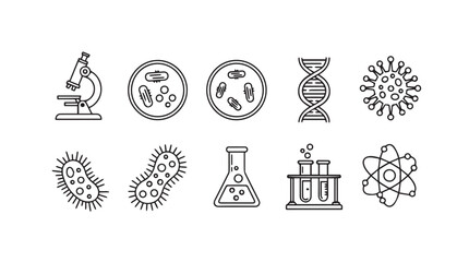 Microscopic organisms and scientific research icons set representing biology and medical discovery vector