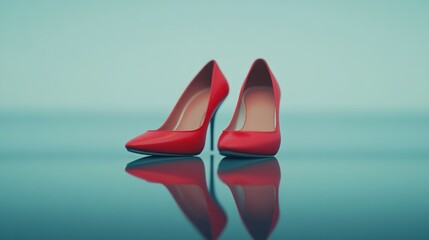 Vivid red high heels elegantly reflected on sleek turquoise surface