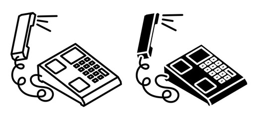 Linear icon, isometric disgruntled customer yells into the phone at customer service operator. IP communication aerial view. Simple black and white top view vector isolated on white background