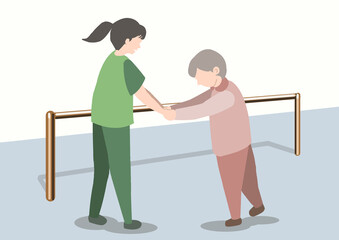 老人が手摺りの横で介護士と歩行訓練をしているカラーイラスト