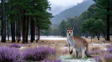Kangaroo Standing in Snowy Field with Purple Flowers and Forest Background Landscape