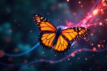 Monarch Butterfly Soaring Through Glowing Fiber Optics A Symbol of Internets Delicate Power