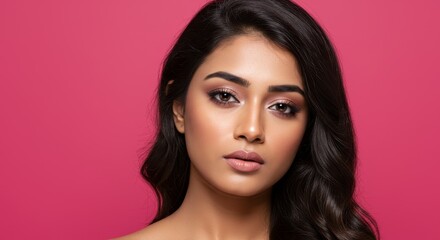 Fototapeta premium Radiant Indian woman showcases beauty and style against vibrant pink backdrop