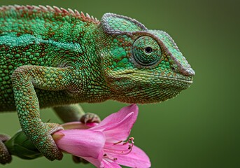 Obraz premium Stunning close-up captures the intricate texture and vibrant green scales of a chameleon perched delicately on a blooming pink flower, showcasing nature's artistry and incredible detail.