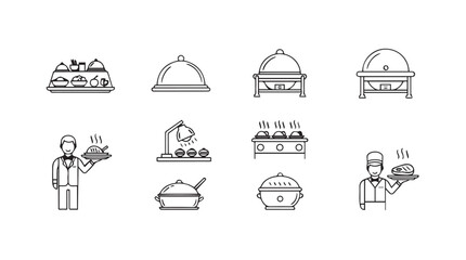 Collection of hand-drawn food service and catering icons for restaurant menus and culinary themes vector