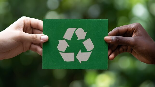 Two hands, one light-skinned and one dark-skinned, hold a green card with a recycling symbol. The background is blurred greenery, emphasizing sustainability and ecology.