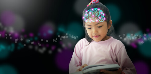 Smart child reading book with glowing brain and colorful abstract background, symbolizing knowledge, learning, imagination, and cognitive development in education concept.