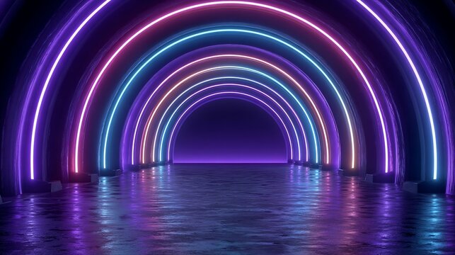 Futuristic neon tunnel with vibrant glowing lights ideal for background and more
