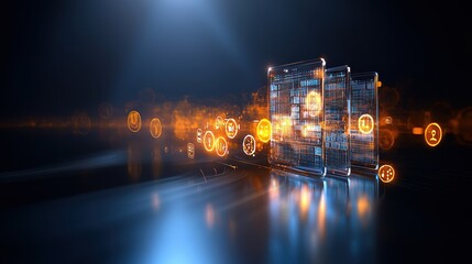 Digital Data Flow with Glowing Symbols and Technology Elements