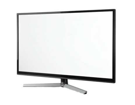 A flat screen display, black bezel, modern design, with a blank white screen, angled view