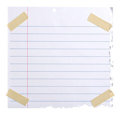 Square lined paper, torn on one side, held with tape, drawing pin in top