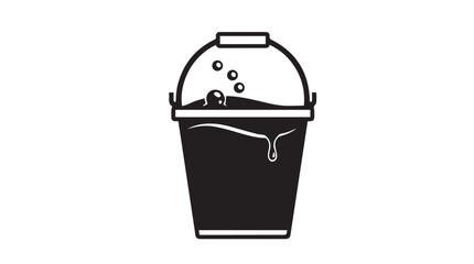 Hand drawn black paint bucket filled with dark liquid and bubbles isolated vector
