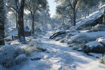Frosty elegance: autumn's first snowfall over the forest. Editorial style. Serene autumn forest lightly dusted with snowflakes. Premium quality. High resolution.