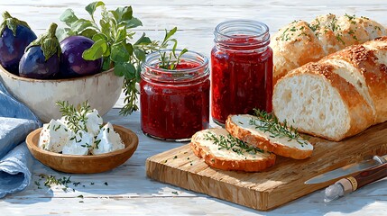 Fresh Ajvar Spread with Vegetables and Bread on Rustic Wooden Table