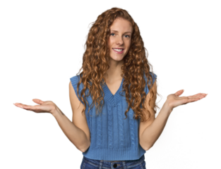 Simple redhead studio portrait makes scale with arms, feels happy and confident.