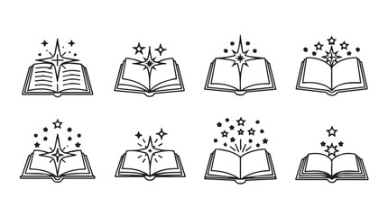 Collection of hand-drawn open books with stars and sparkles symbolizing knowledge and magic vector