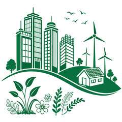 Green city skyline with renewable energy and nature elements