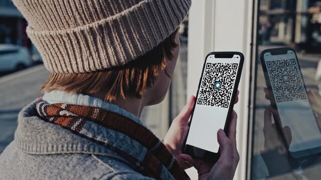 Over-the-Shoulder Shot of Smartphone Scanning QR Code for Black Friday Coupon Redemption