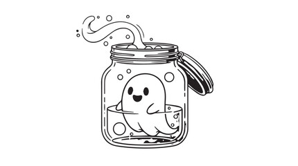 Cute ghost trapped in a jar illustration with bubbles and flowing liquid vector