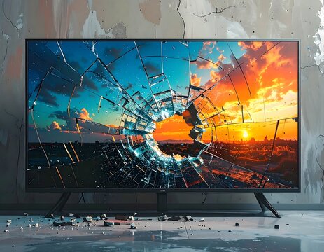 TV Screen Showing Sky Scenery, Smashed With Cracks and Debris